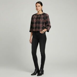 $98 WD NY Women’s Jacket Front Zip Black Red Gray Silver Shimmer Lined Sz MP